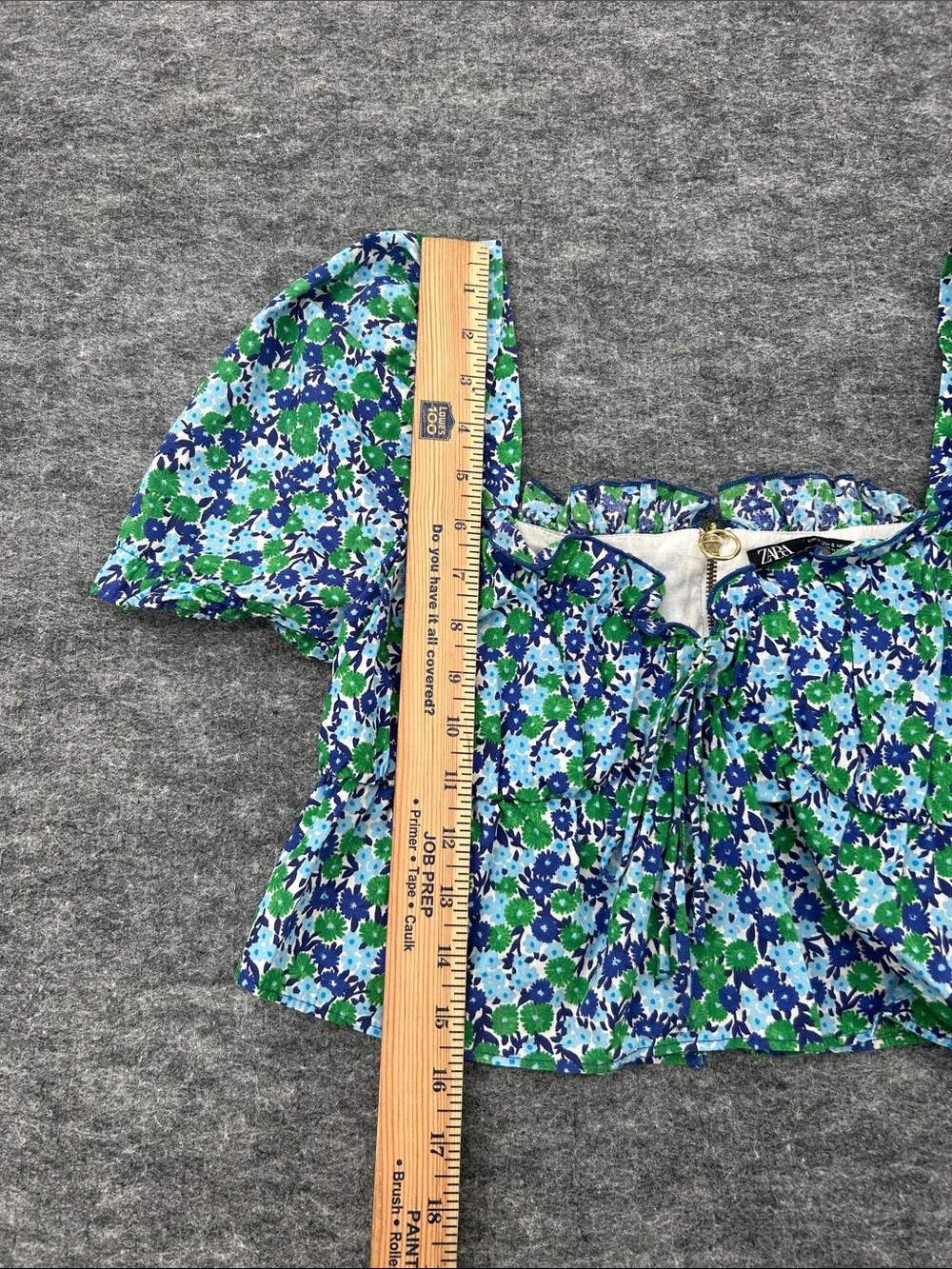 Zara Women’s Blue & Green Floral Puff-Sleeve Crop Top Size Small - Picture 8 of 9
